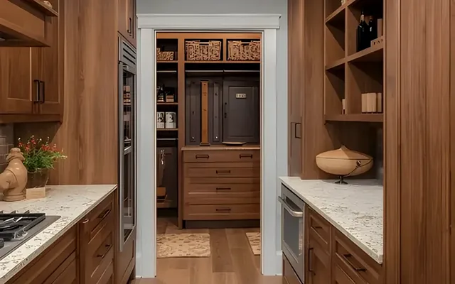 Shop-built wood cabinetry and shelving installed in a finished pantry