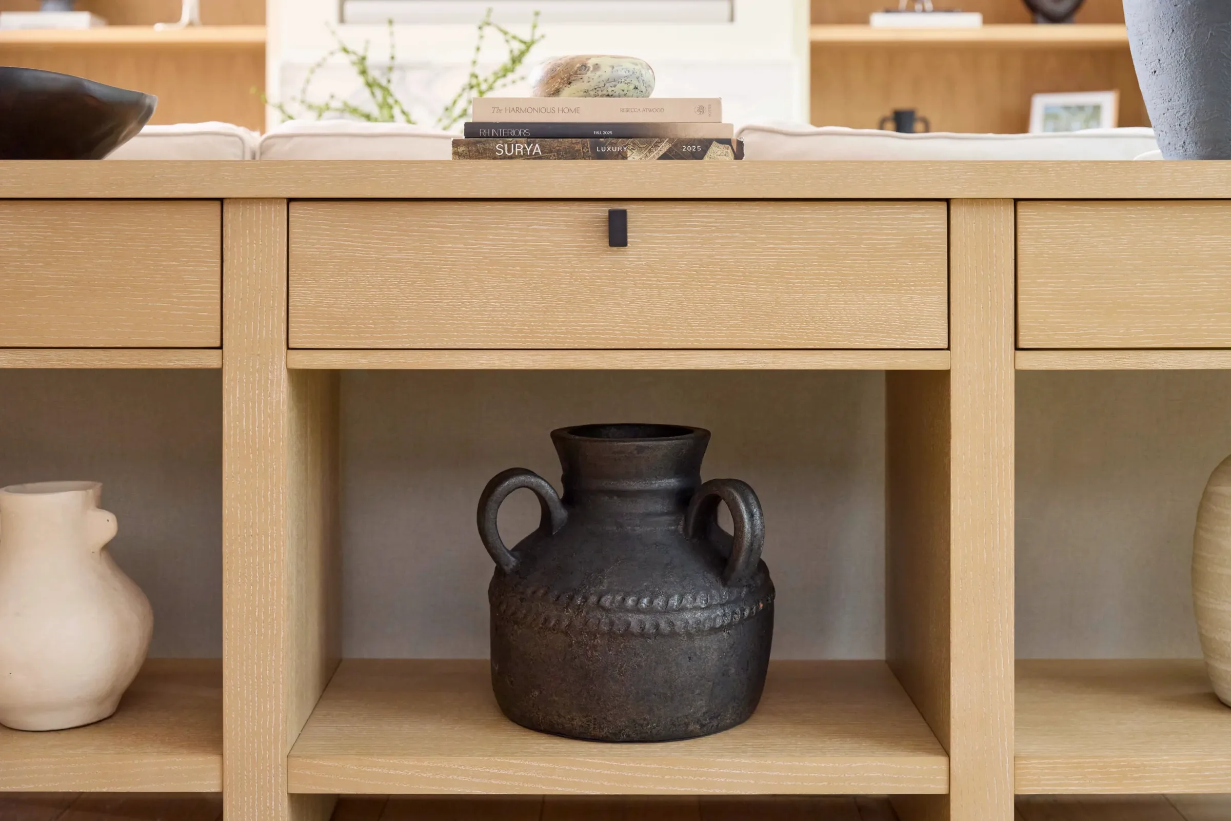 White oak console with drawers and a lower shelf, built in the Greenport shop